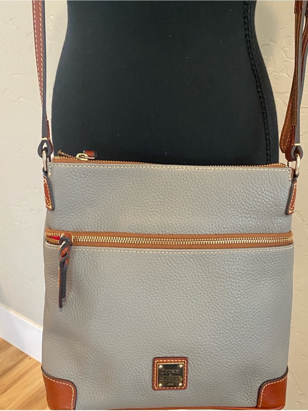 Dooney & Bourke Grey Pebble Leather Crossbody with Tan Trim